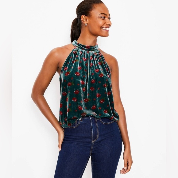 LOFT Floral Velvet Shirred Halter Top - Picture 1 of 8